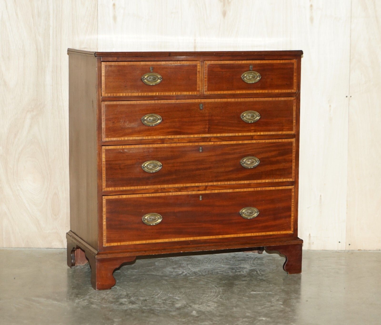 Antique Sheraton Revival F.Thomas Halesowen Chest Of Drawers Mahogany Satinwood photo for sale
