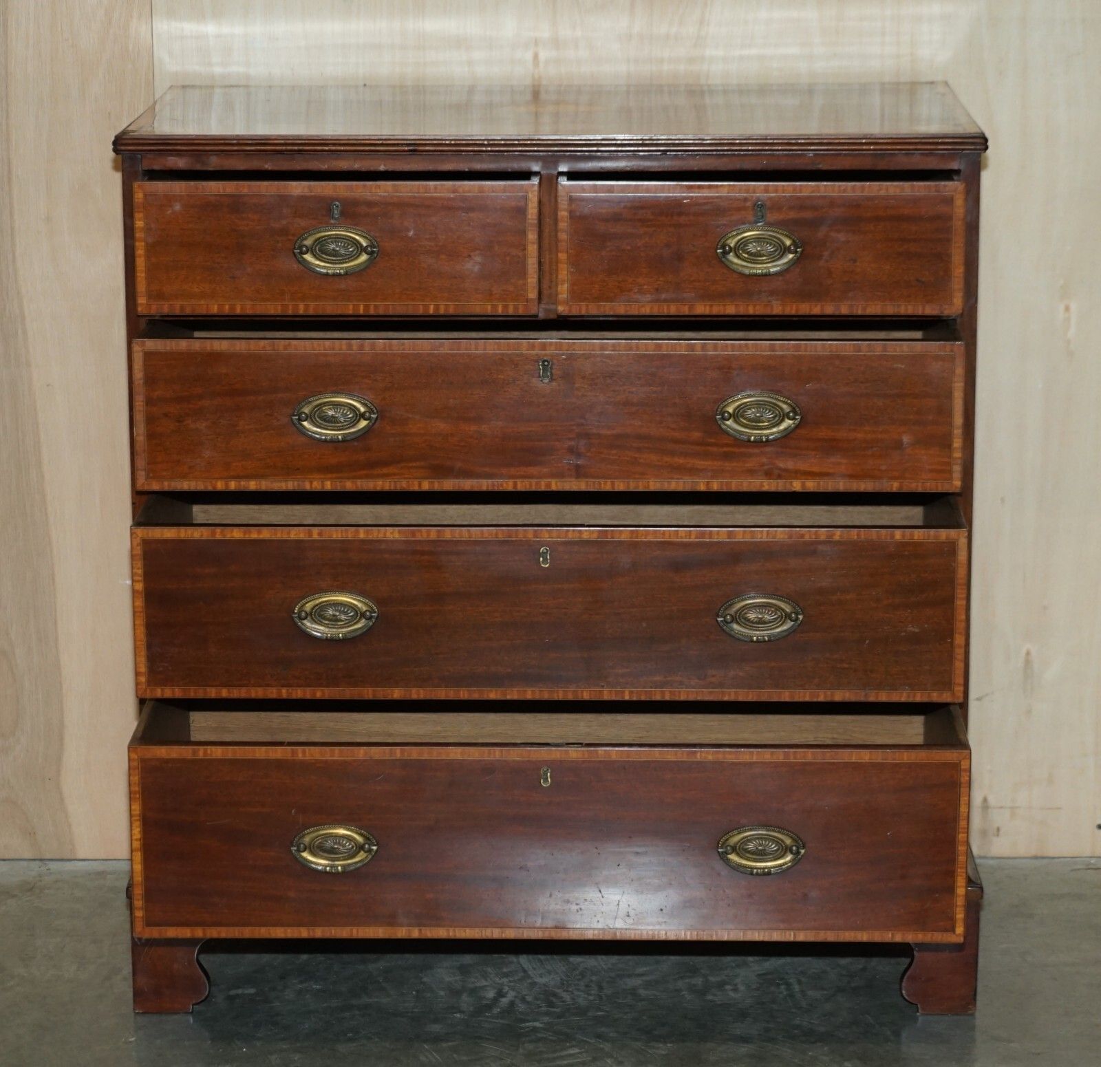 Antique Sheraton Revival F.Thomas Halesowen Chest Of Drawers Mahogany Satinwood photo vinterior