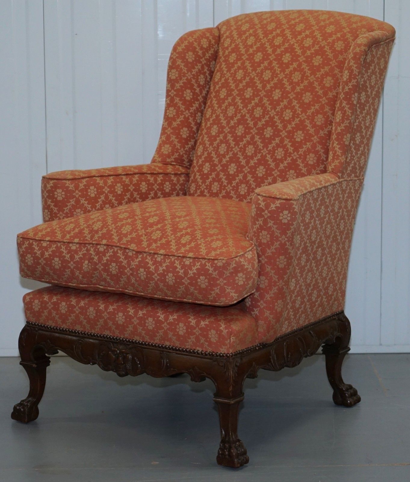 Rare 19th Century Thomas Chippendale Easy Wingback Armchair Heavily Carved Wood photo for sale