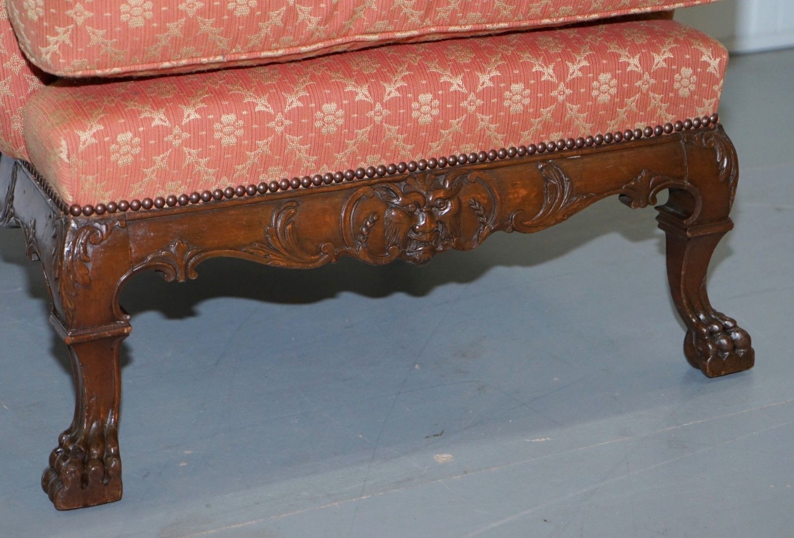 Rare 19th Century Thomas Chippendale Easy Wingback Armchair Heavily Carved Wood photo 2750.0