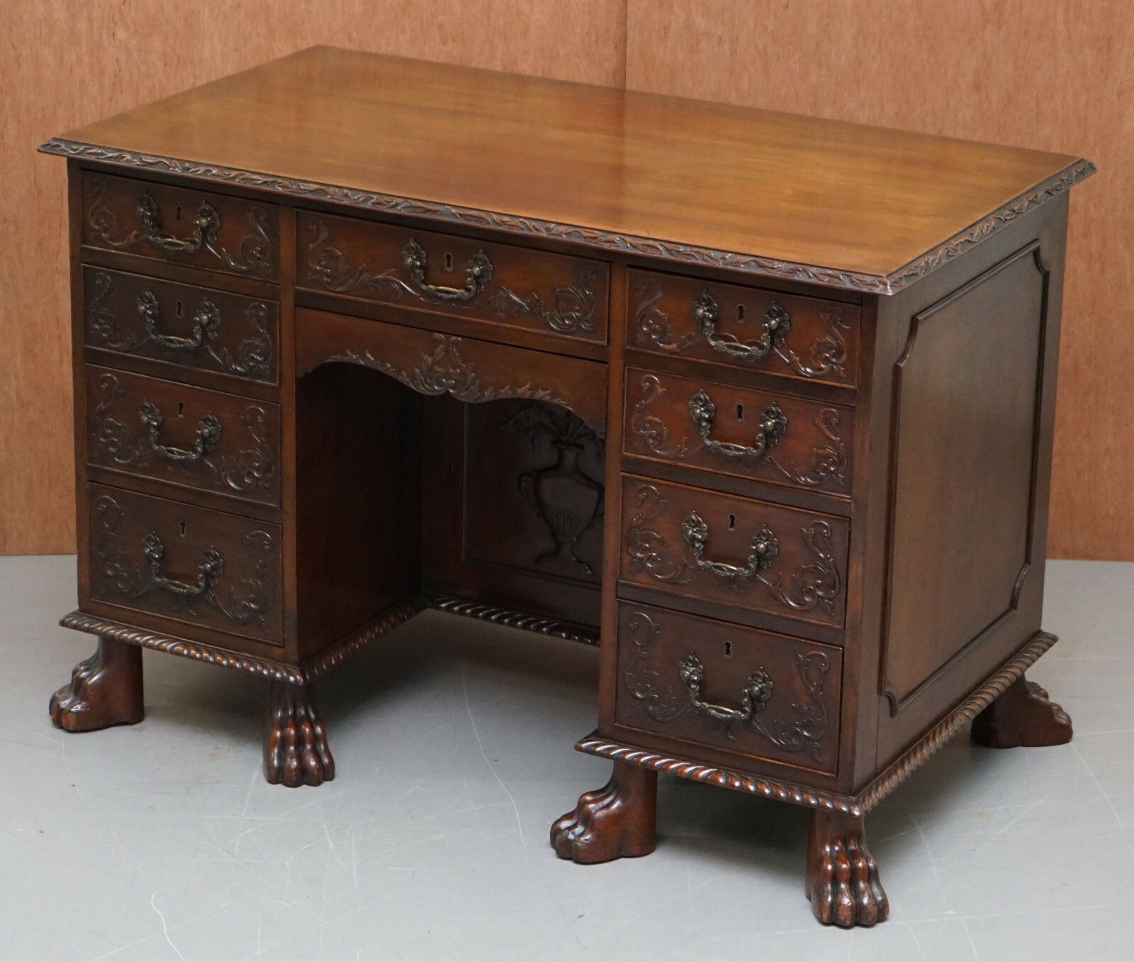 Sublime Hand Carved From Top To Bottom Antique Victorian 1850 Knee Hole Desk photo for sale
