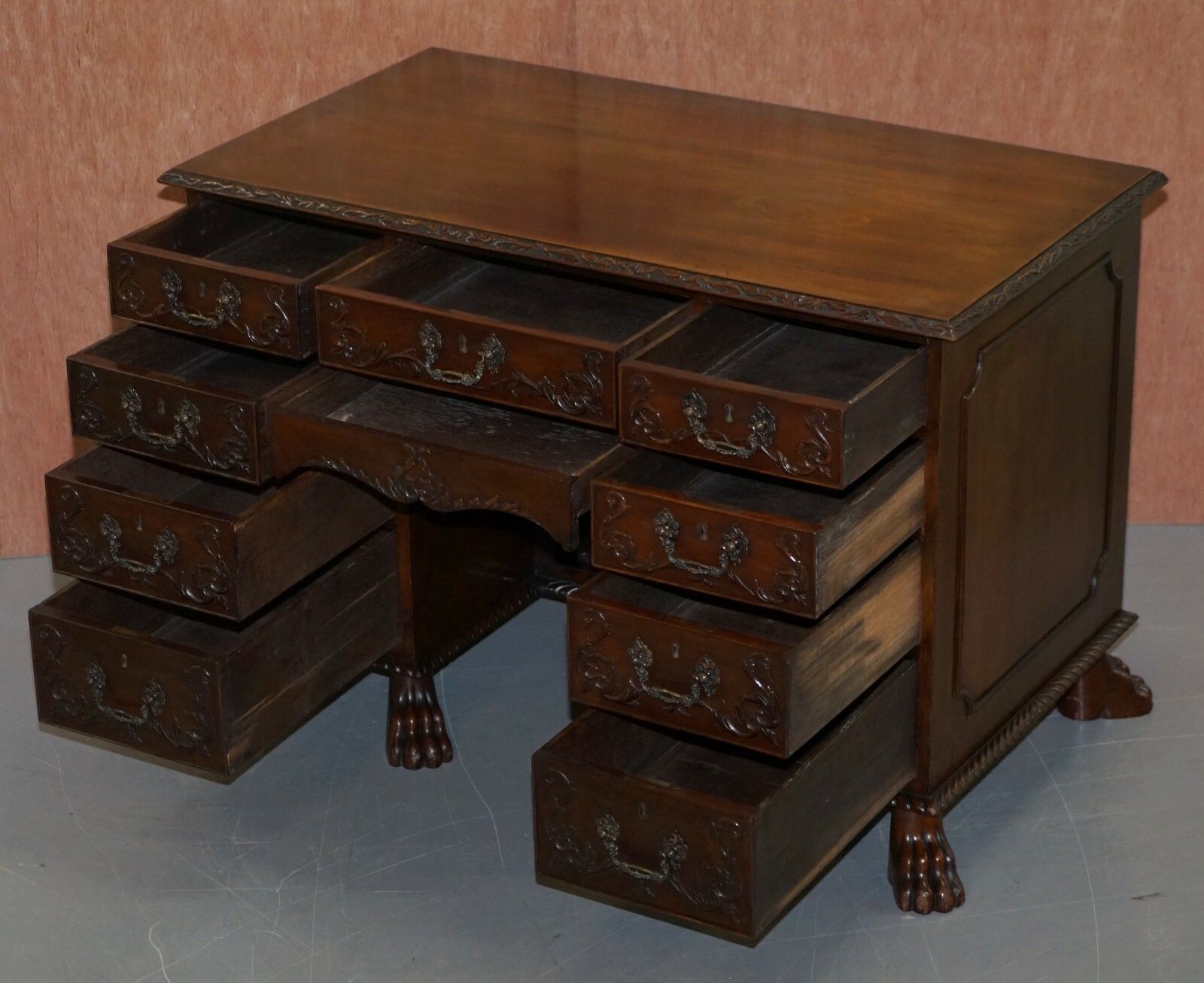 Furniture Sublime Hand Carved From Top To Bottom Antique Victorian 1850 Knee Hole Desk photo