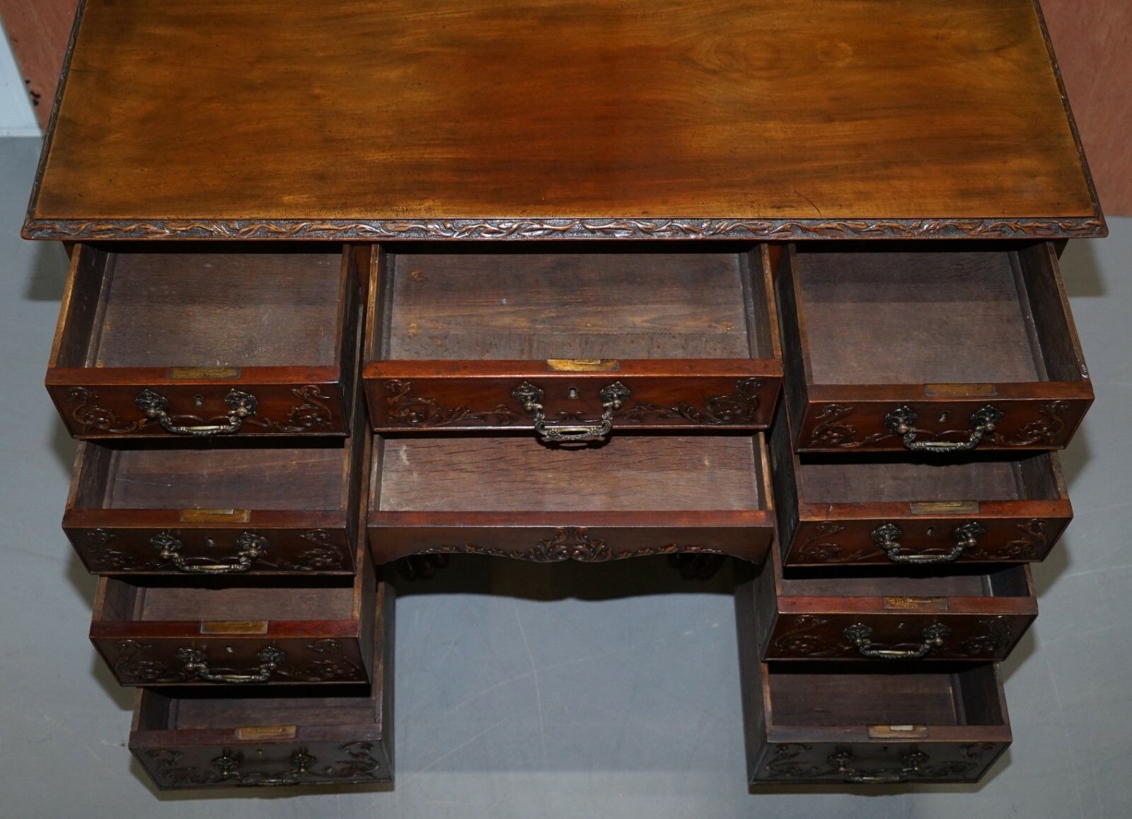 2750.0 Sublime Hand Carved From Top To Bottom Antique Victorian 1850 Knee Hole Desk photo