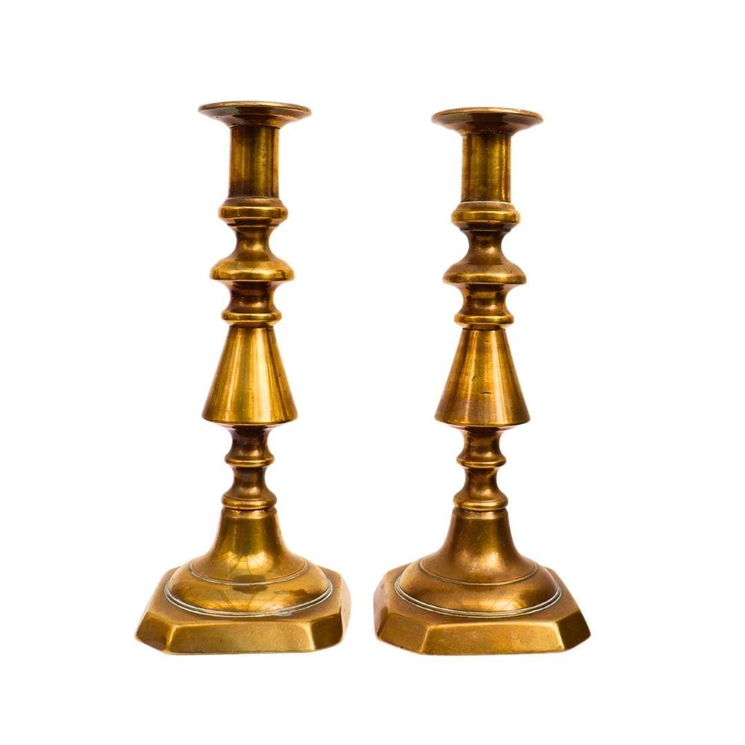 Large And Chunky Pair Of Victorian Brass Candlesticks Pair H 10.7'' photo buy