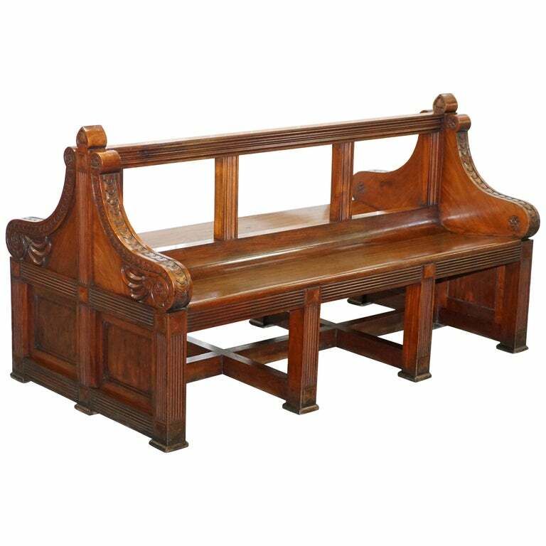 Rare Victorian Walnut Double Sided Museum Gallery Pew Bench Pugin Gothic Steeple