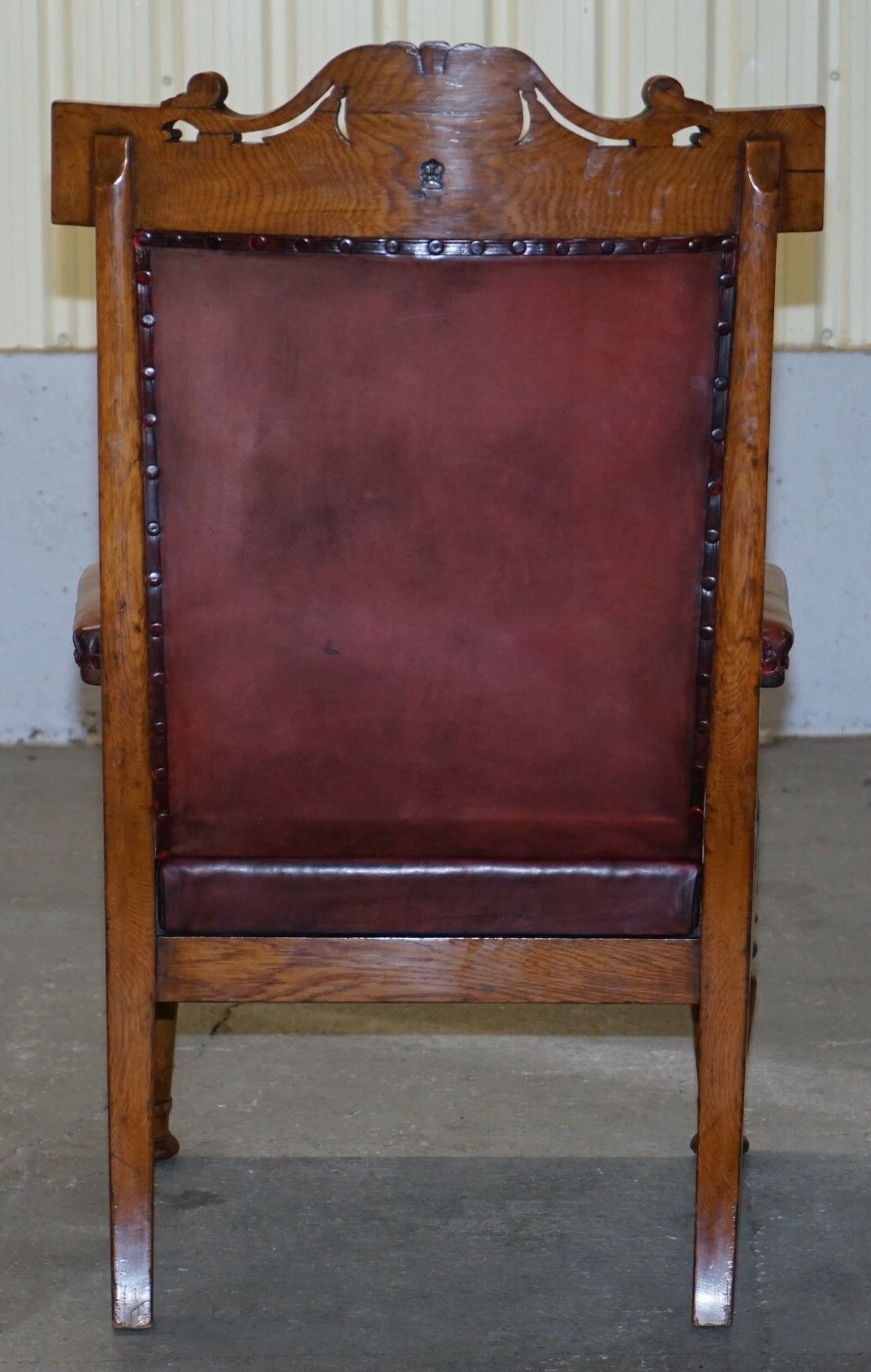 Furniture English Estate Circa 1840 Royal Crown Stamped Oxblood Leather Throne Armchair photo