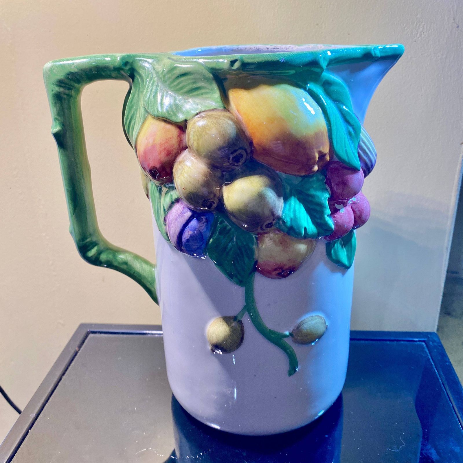 Large Vibrant Vintage Italian Nove Majolica Jug/Pitcher With Fruit Pattern Made By 'Agostinelli & Dal Pra' photo Home Decor