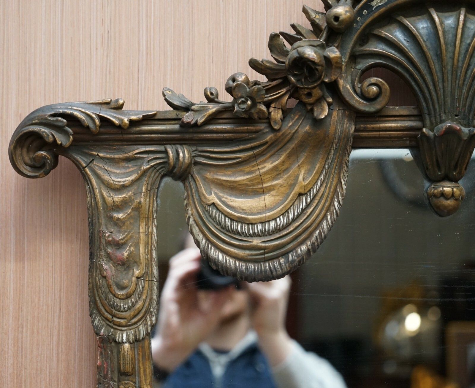 Rare Large Late 19th Century Giltwood Mirror French Shield Shape Acanthus Detail photo for sale