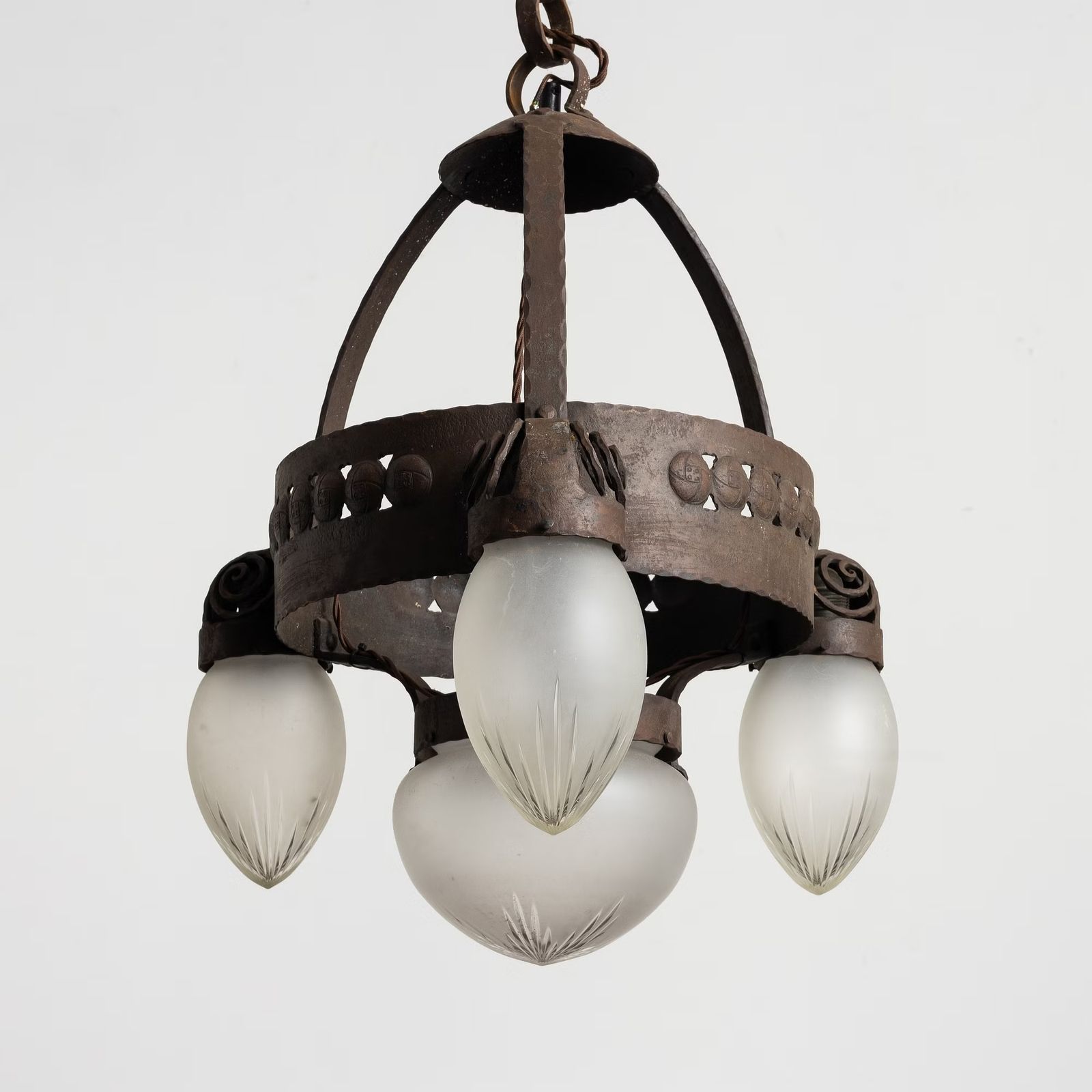 Early Swedish Jugend Ceiling Lamp Chandelier In Patinated Iron With Frosted Decorative Glass Shades By Böhlmarks Sweden, 1910s photo furniture