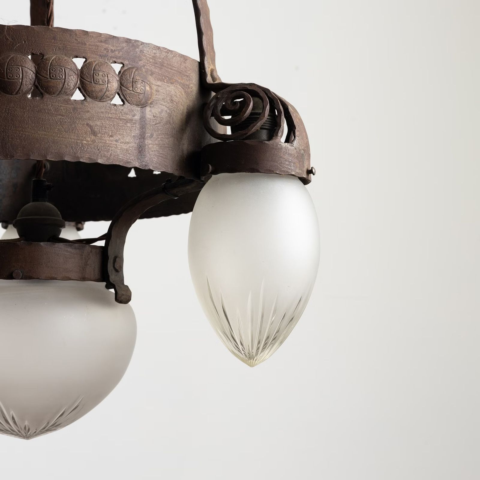 Early Swedish Jugend Ceiling Lamp Chandelier In Patinated Iron With Frosted Decorative Glass Shades By Böhlmarks Sweden, 1910s photo for sale