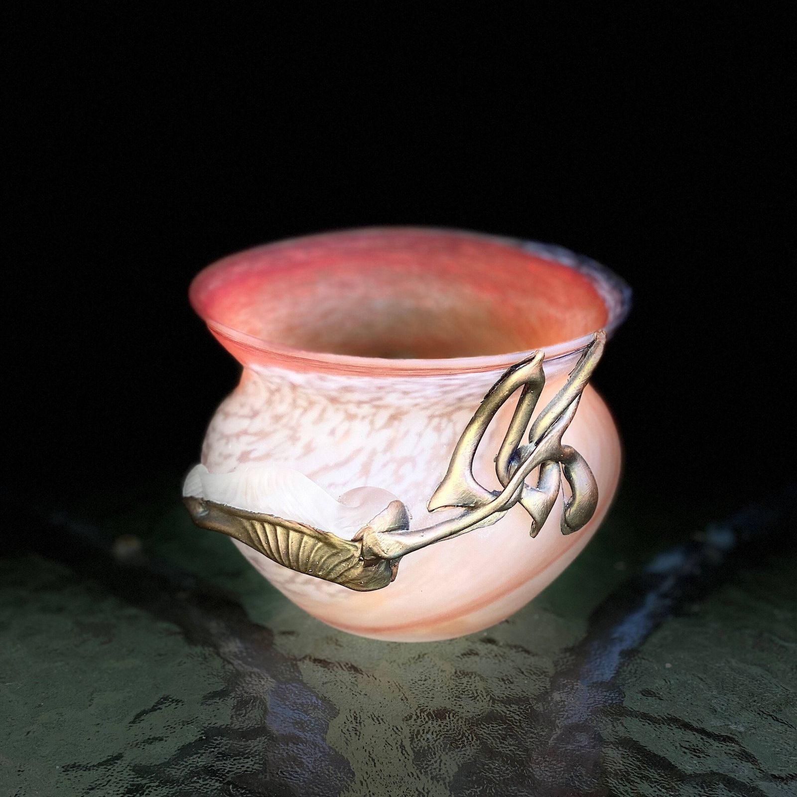 Stunning Filip Ravert Art Glass Vase With Copper/Bronze Organic Overlay