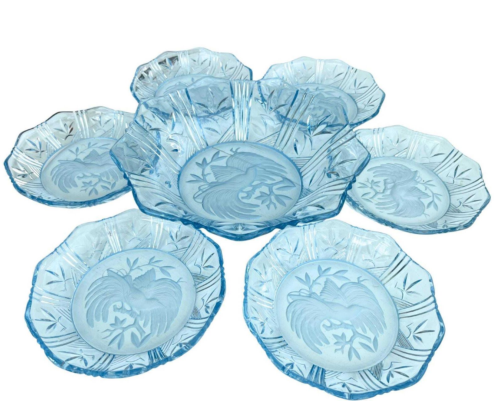 Vintage Blauwe Dessertborden | 7 | Vogelmotief Glas Met Luchtbelletjes