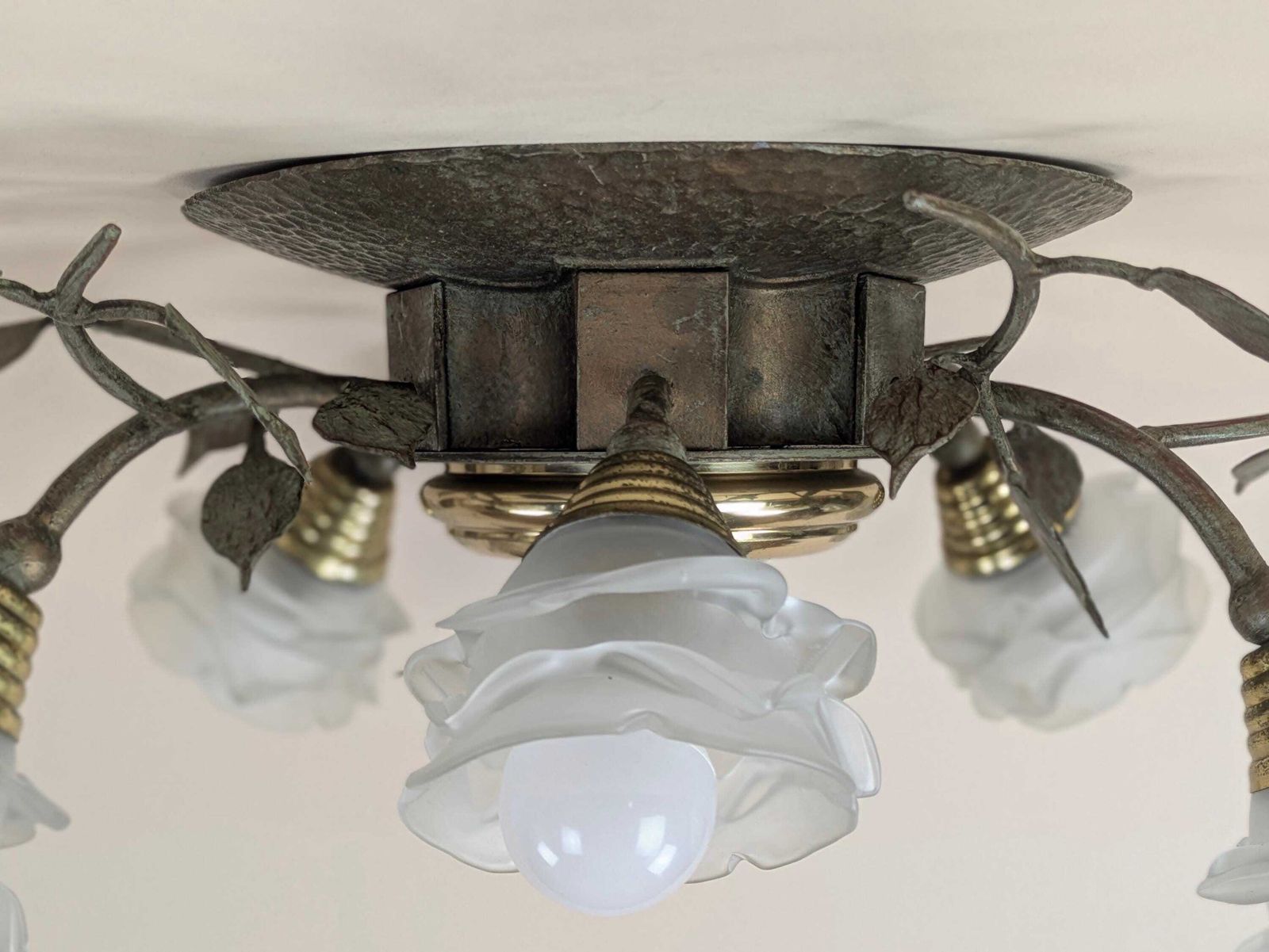 Vintage Italian Bronze Floral Semi Flush Ceiling Light Fixture Mid Century Rose Glass Shades Hollywood Regency Lighting photo for sale