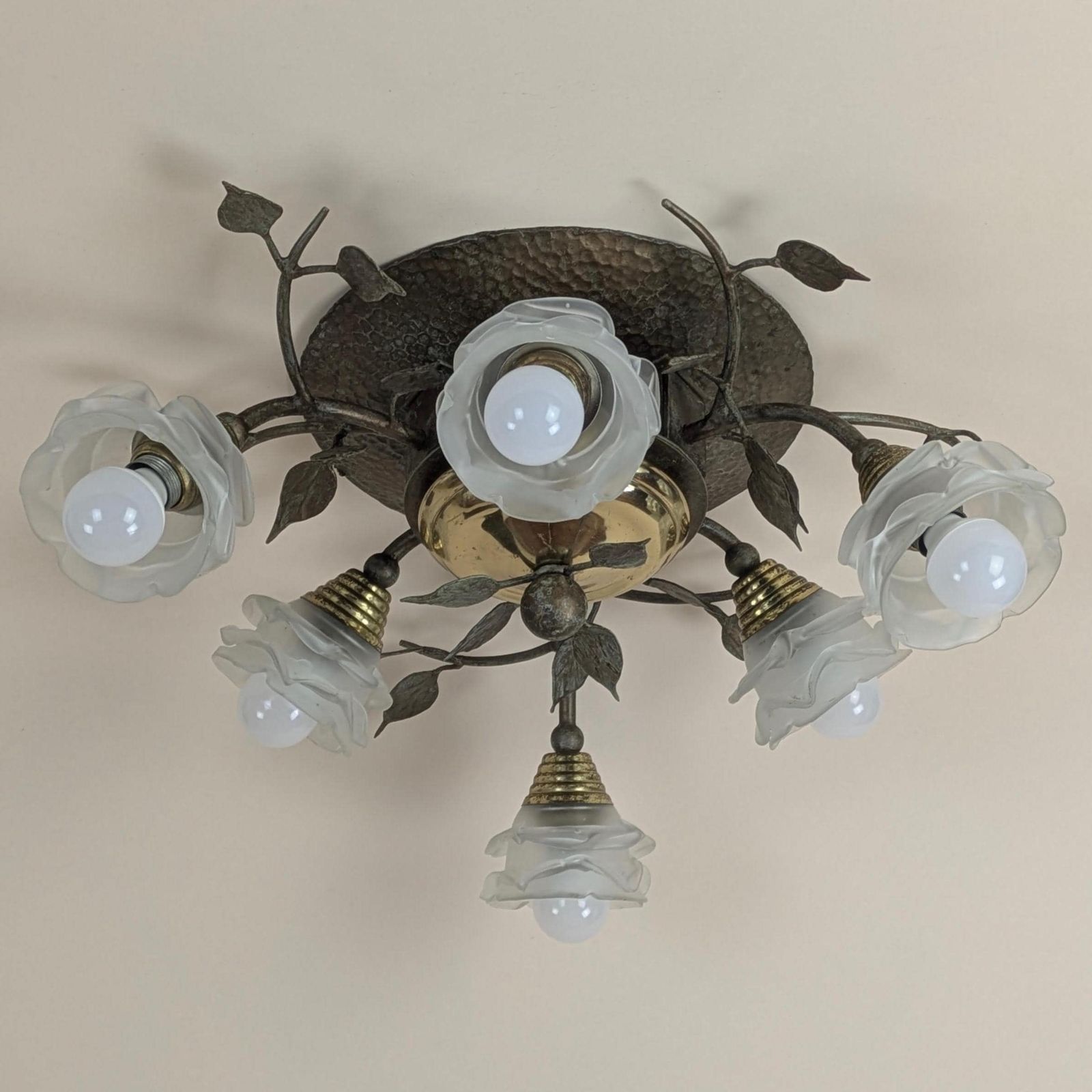 Vintage Italian Bronze Floral Semi Flush Ceiling Light Fixture Mid Century Rose Glass Shades Hollywood Regency Lighting photo Lighting