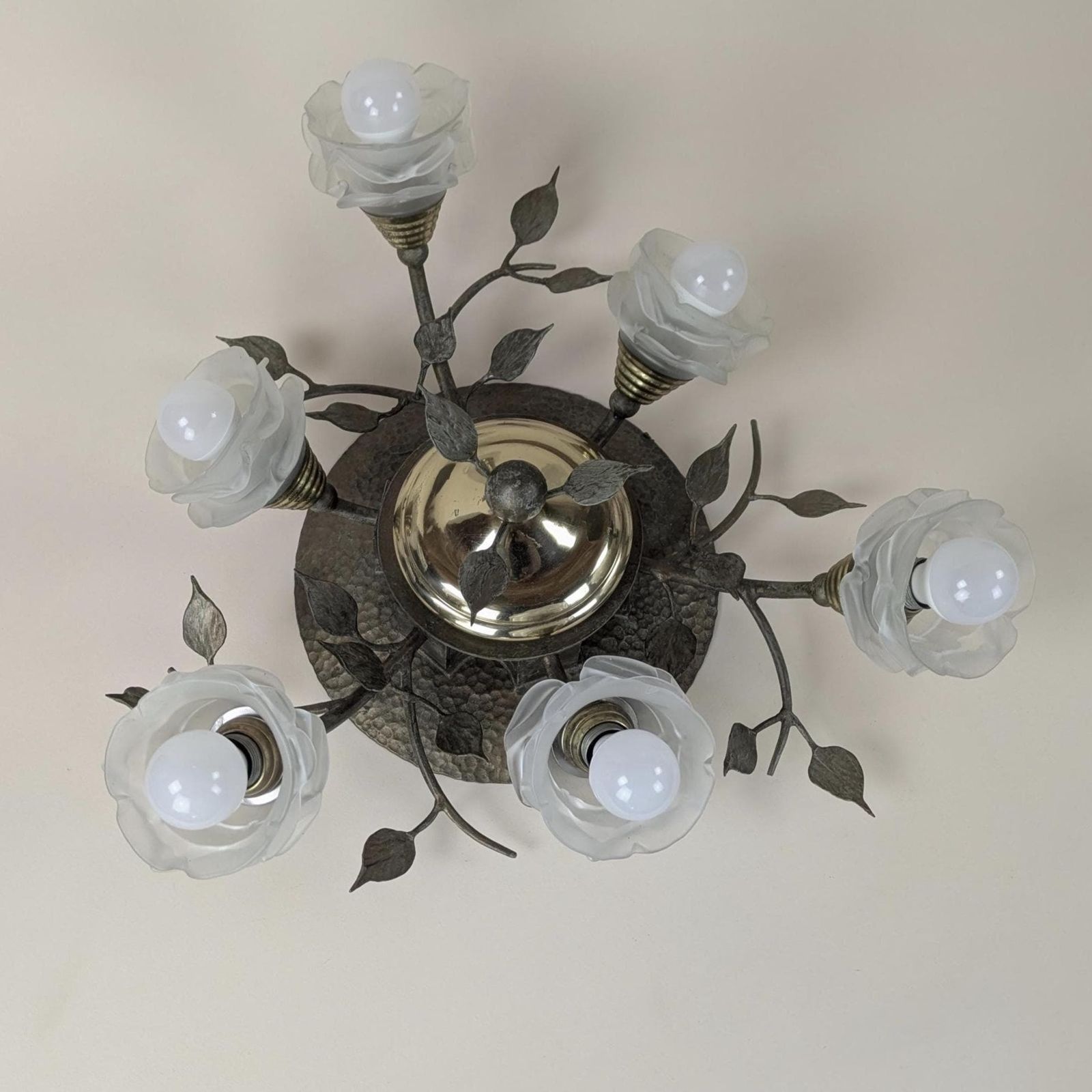 Vintage Italian Bronze Floral Semi Flush Ceiling Light Fixture Mid Century Rose Glass Shades Hollywood Regency Lighting photo vintage