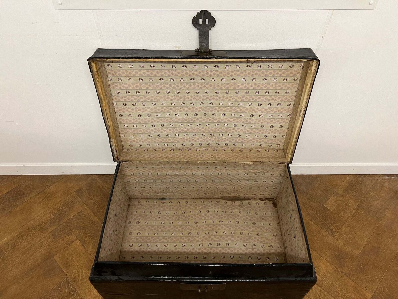 Vintage Black Painted Leather Bound Trunk With Brass Handles & Lock photo vinterior