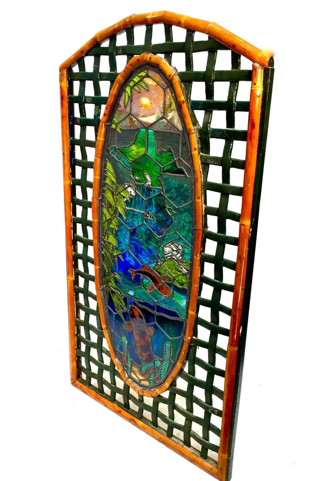 Vintage Oriental Large Wooden Edged Stain Glass Window Lake Scene Koi Fish C1970 photo for sale