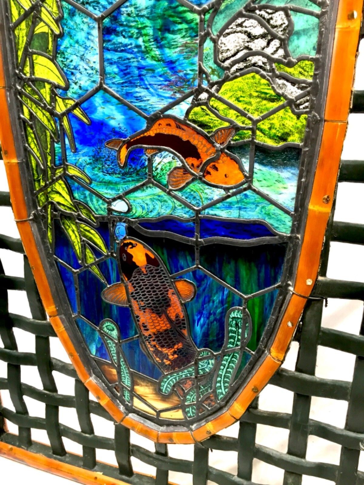Vintage Oriental Large Wooden Edged Stain Glass Window Lake Scene Koi Fish C1970 photo vintage
