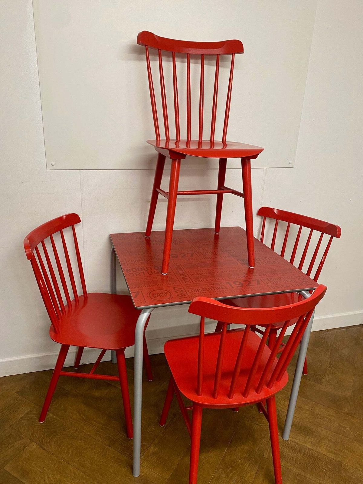 Vintage "Ton" Ironica Wooden Red Chair (Set Of 4) & Red Square Table
