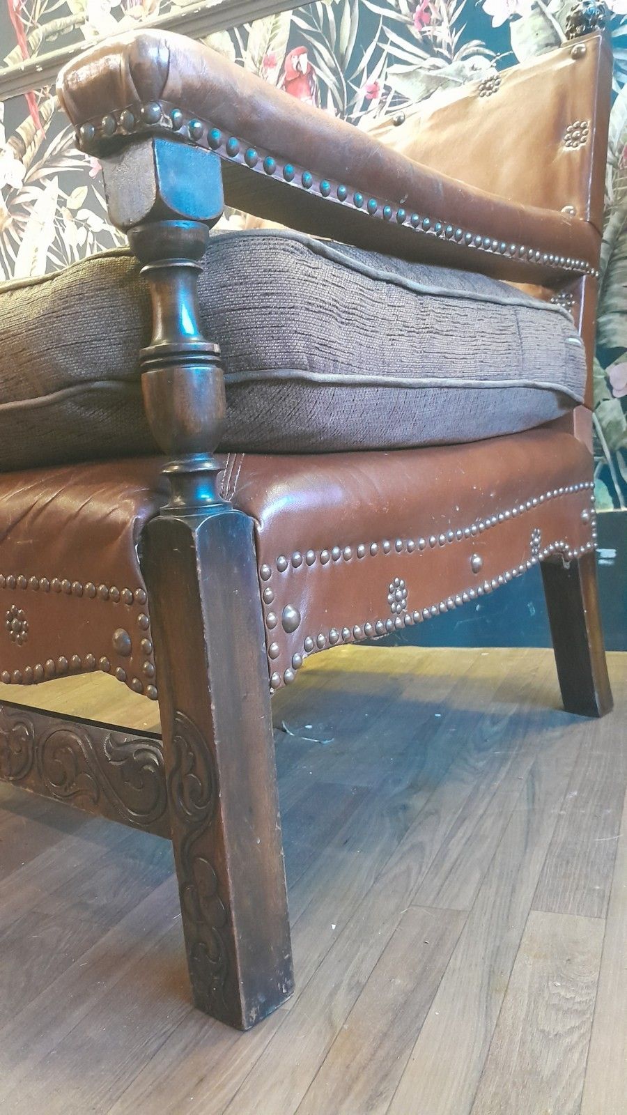 Pair Edwardian English Carved Oak Studded Leather Chairs With Lion Finials photo for sale