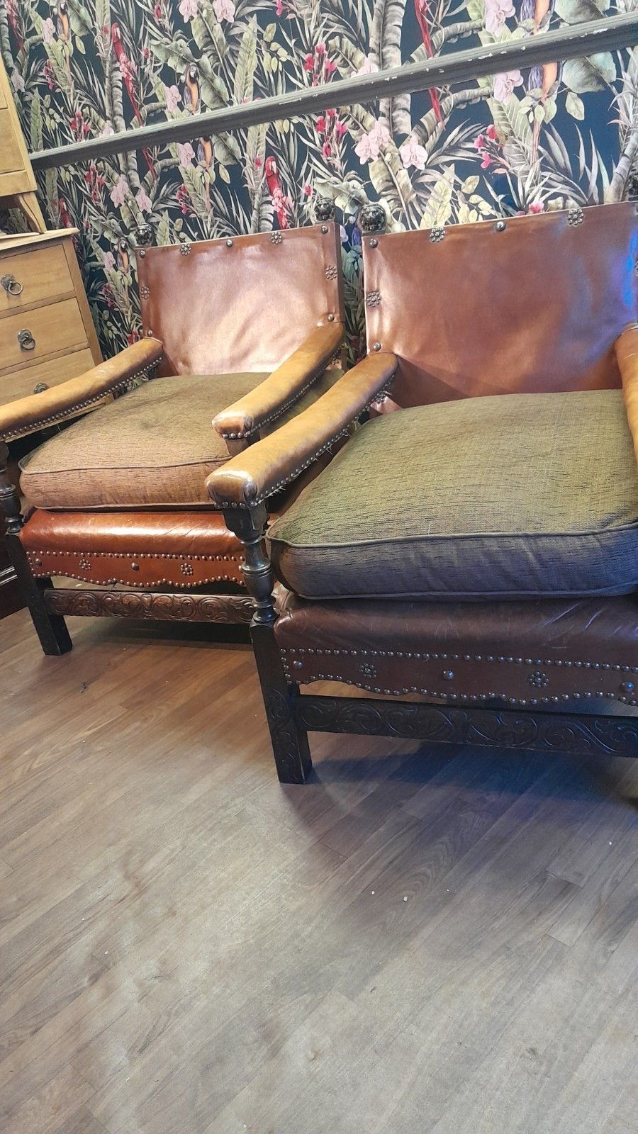 Pair Edwardian English Carved Oak Studded Leather Chairs With Lion Finials photo 1200.0