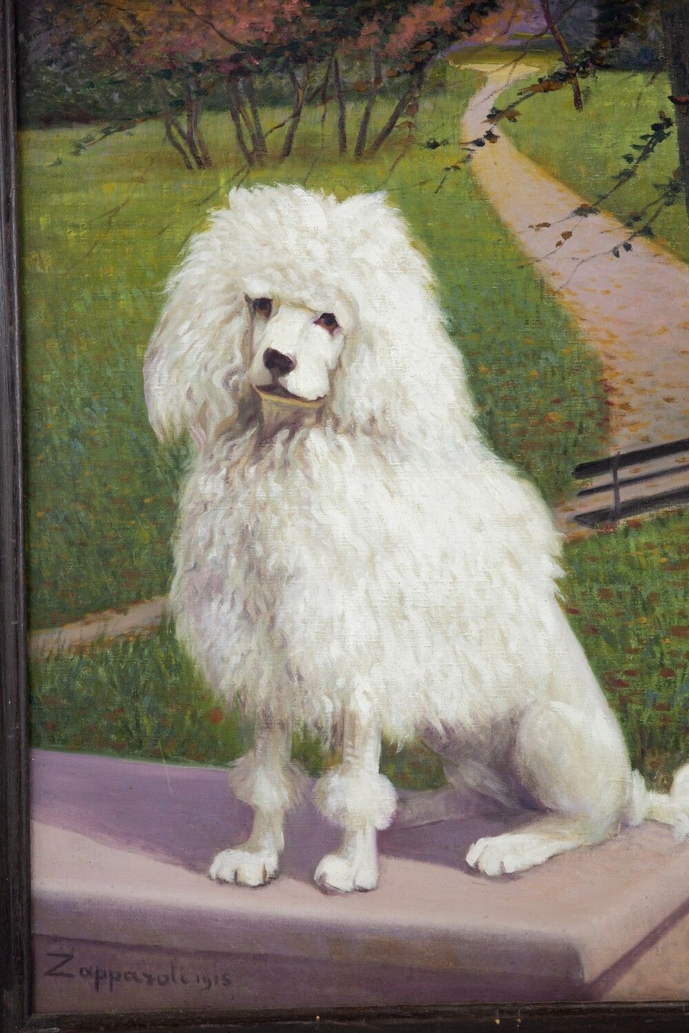 Early 20th Century Oil On Canvas Dog Portrait Of A White Poodle photo furniture