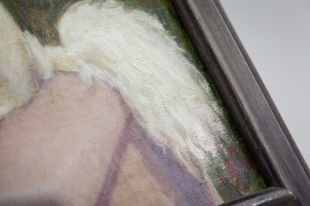 Early 20th Century Oil On Canvas Dog Portrait Of A White Poodle photo vintage