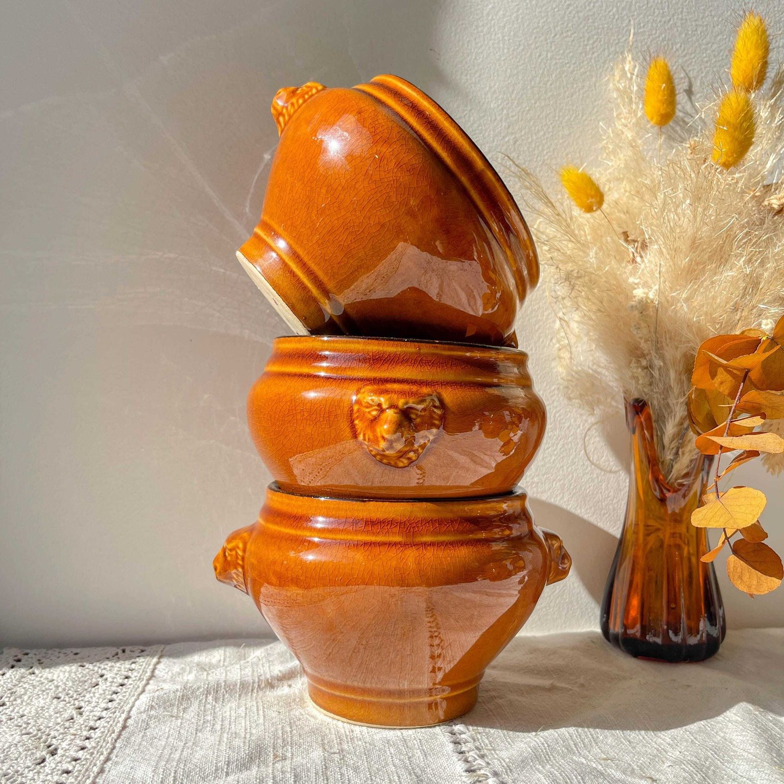 6 Vintage Emile Henry Style Ceramic Lion Head Onion Soup Bowls   Honey And Black, Made In France   élégance Tradition photo vinterior