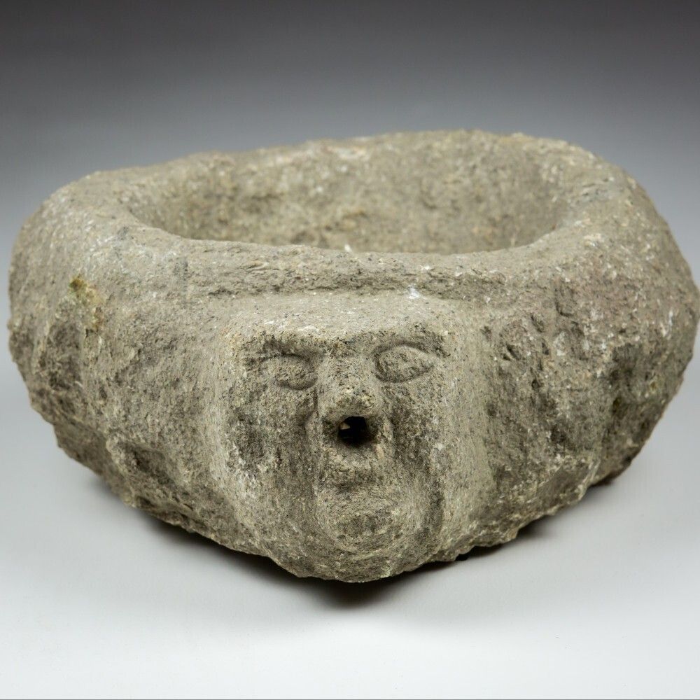 Late Medieval Granite Benitier Or Stoup With Primitive Head As The Water Spout. photo furniture