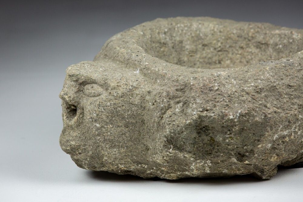 Late Medieval Granite Benitier Or Stoup With Primitive Head As The Water Spout. photo vinterior