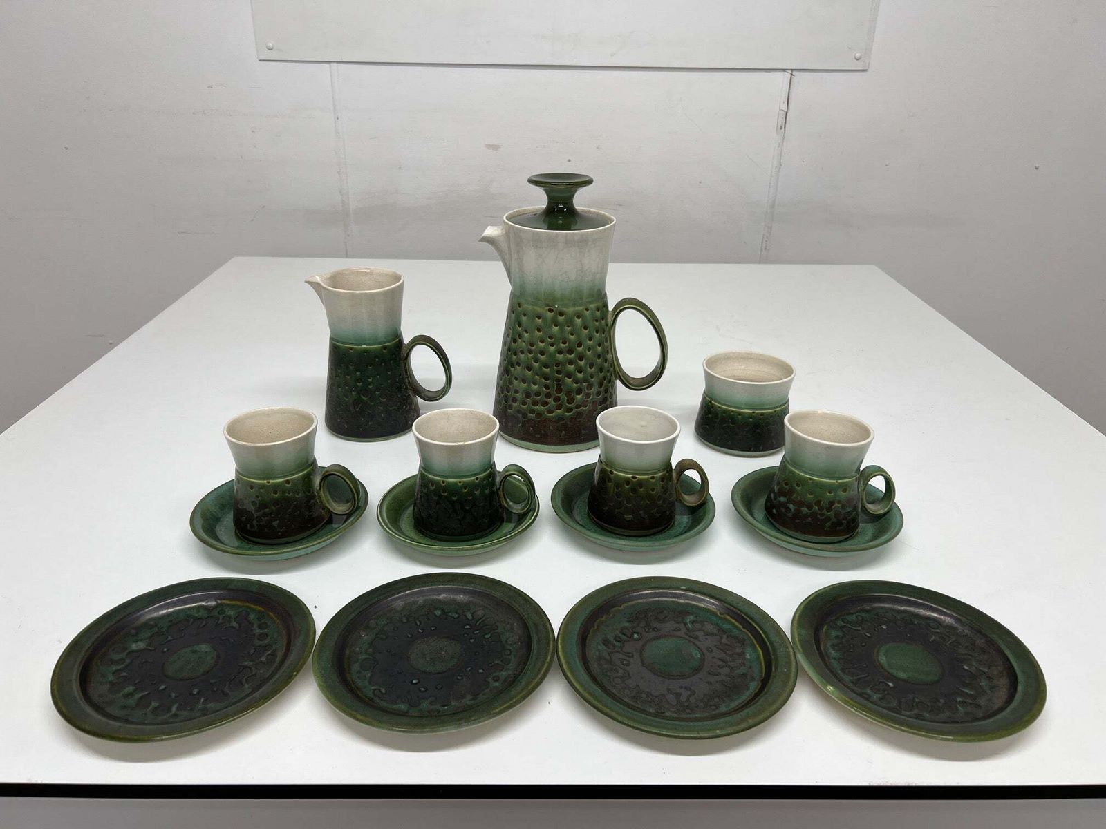 Vintage Retro 1970's Iden Studio Pottery 15 Piece Green Coffee Pot Set.