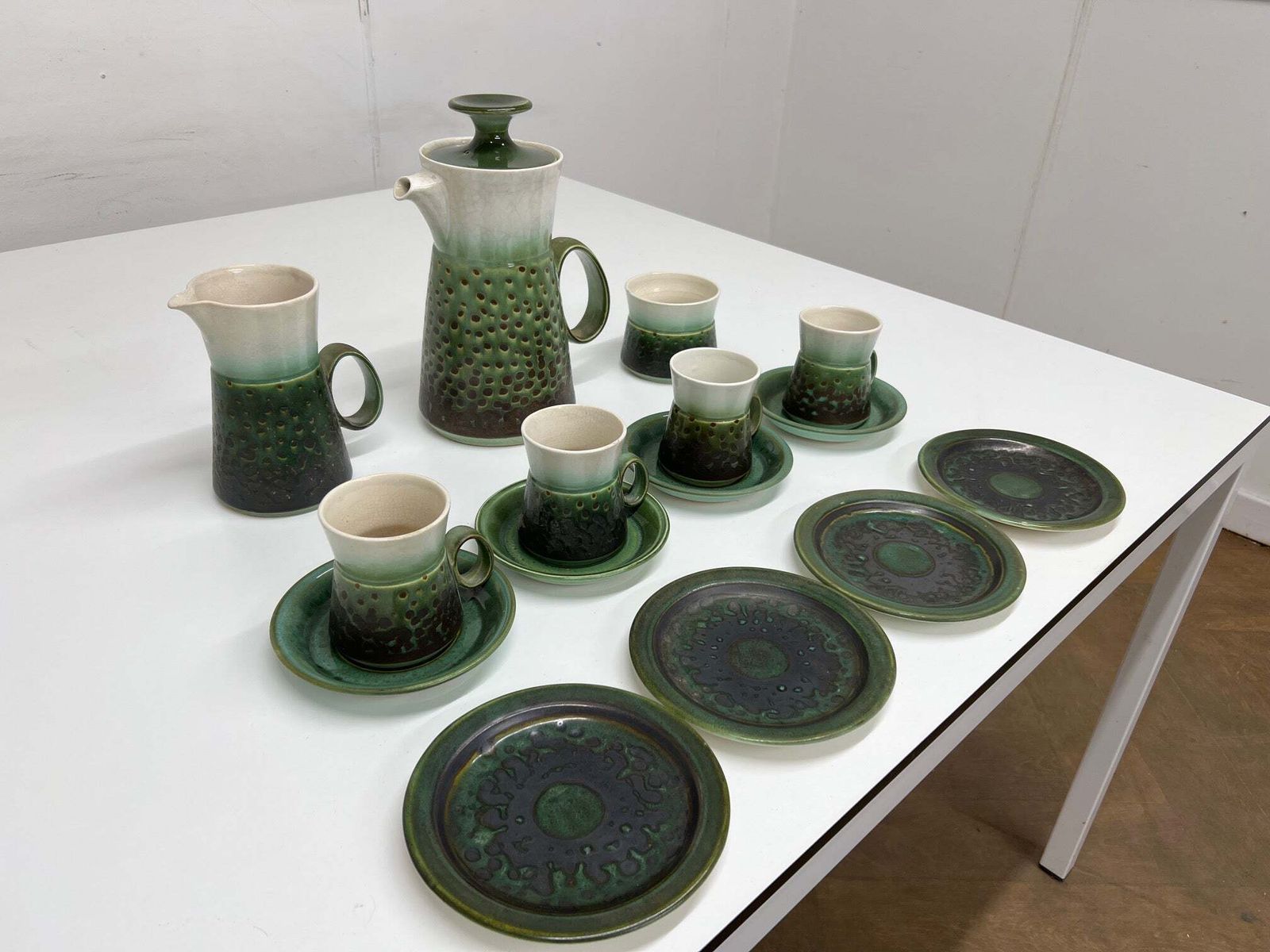 Vintage Retro 1970's Iden Studio Pottery 15 Piece Green Coffee Pot Set. photo for sale