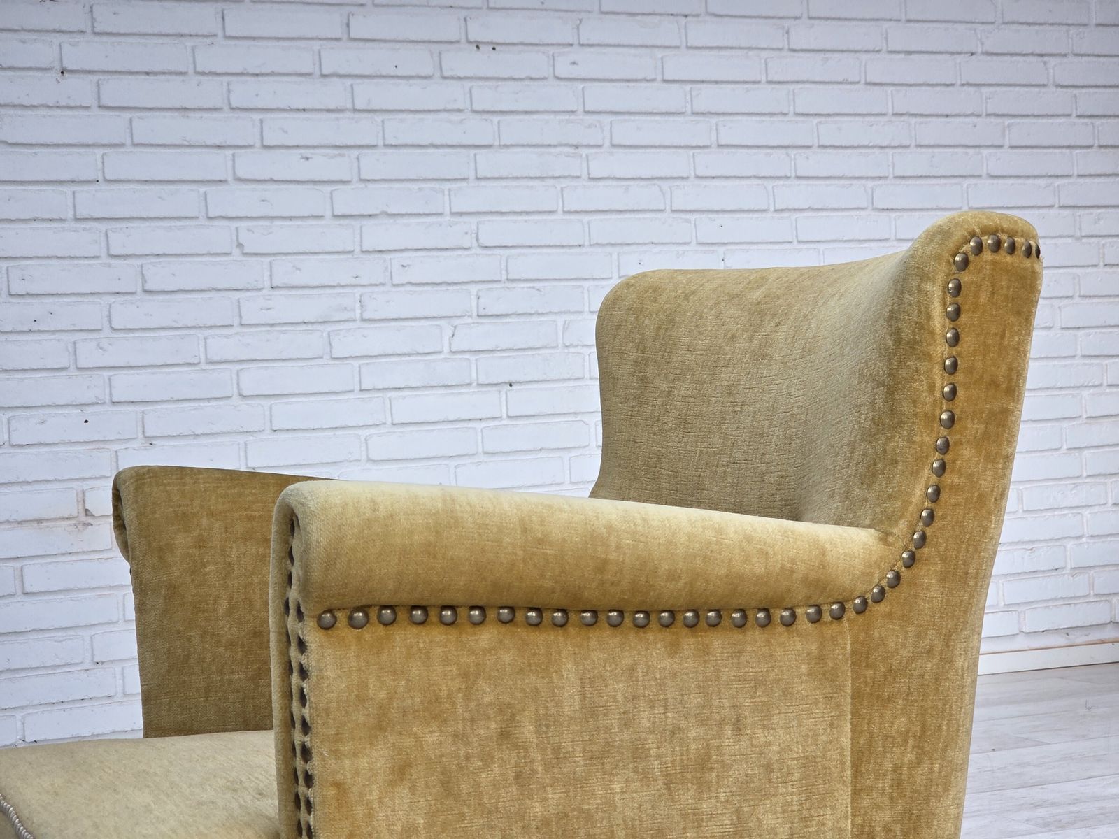 photo furniture 1960s, Danish Armchair, Honey Yellow Furniture Velour, Original Condition.