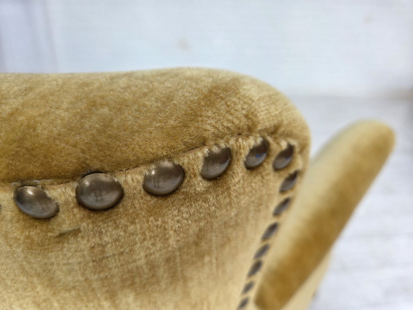 photo for sale 1960s, Danish Armchair, Honey Yellow Furniture Velour, Original Condition.