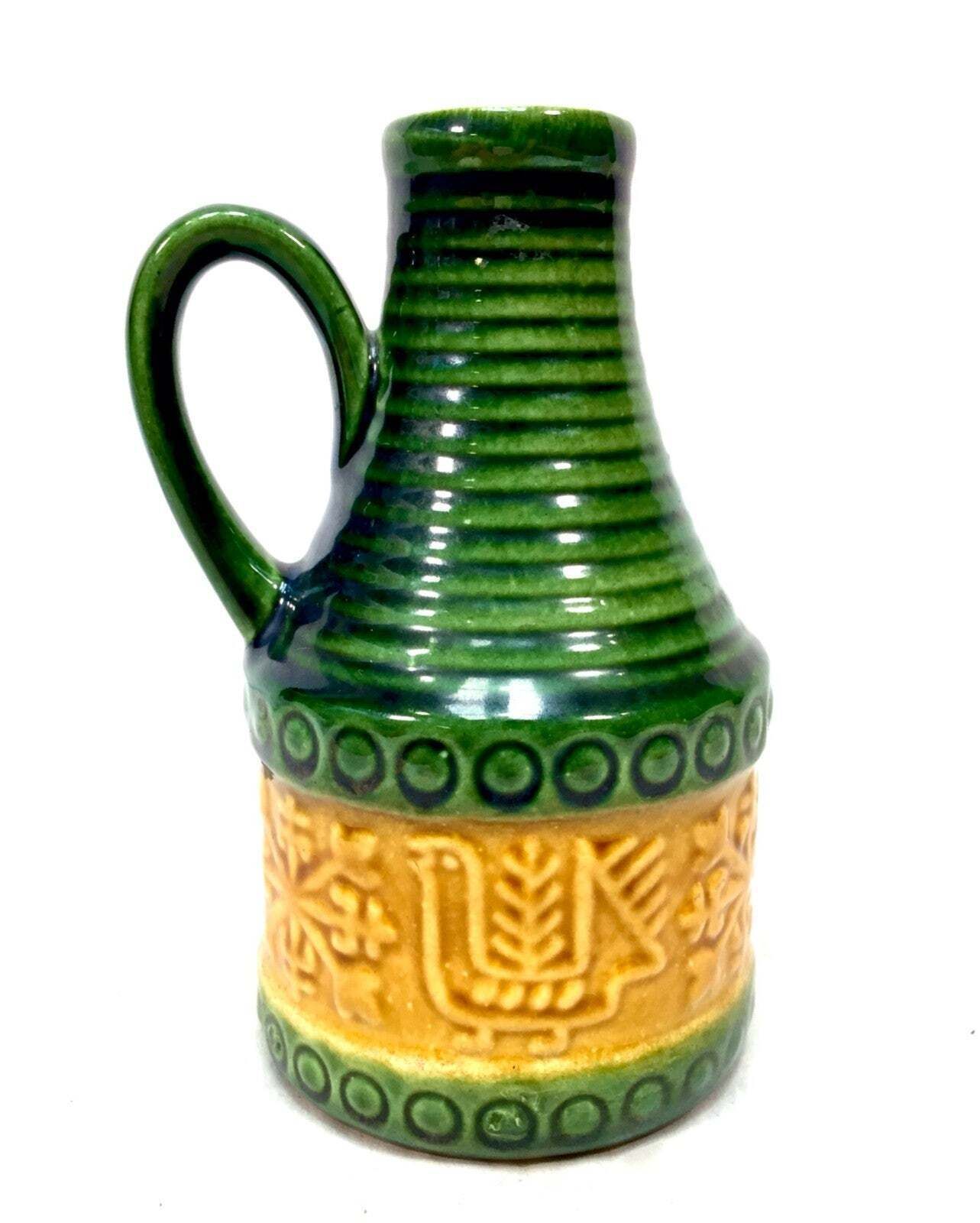 Vintage West German Bay Pottery Vase Jug Green & Yellow/ Retro 1970's