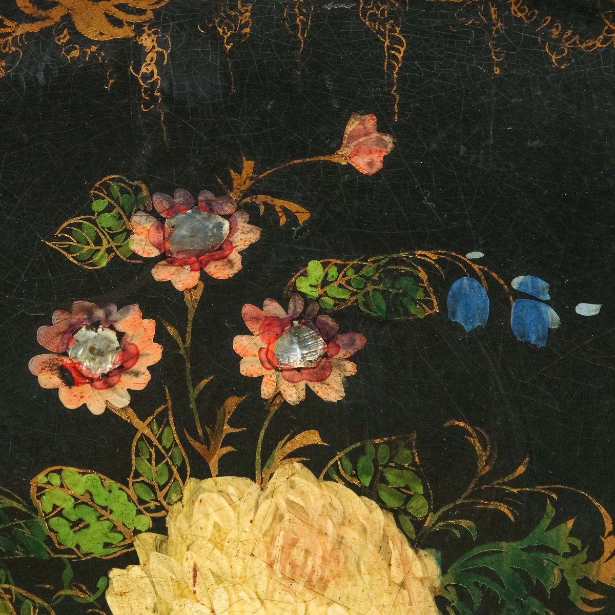 English Victorian Ebonised Chinoiserie Floral Papier Mâché Drinks Butlers Serving Tray (Circa 1870) photo vintage