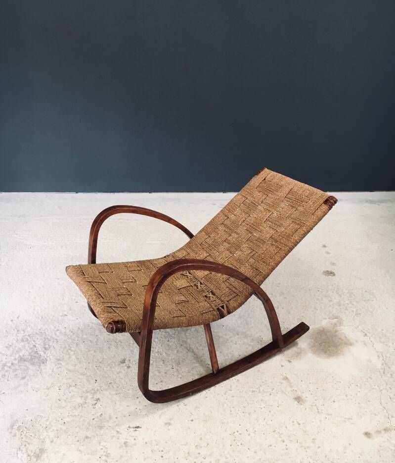Mid Century Design Schommelstoel Met Touwbekleding, Italië Ca. Jaren 1950 photo vinterior