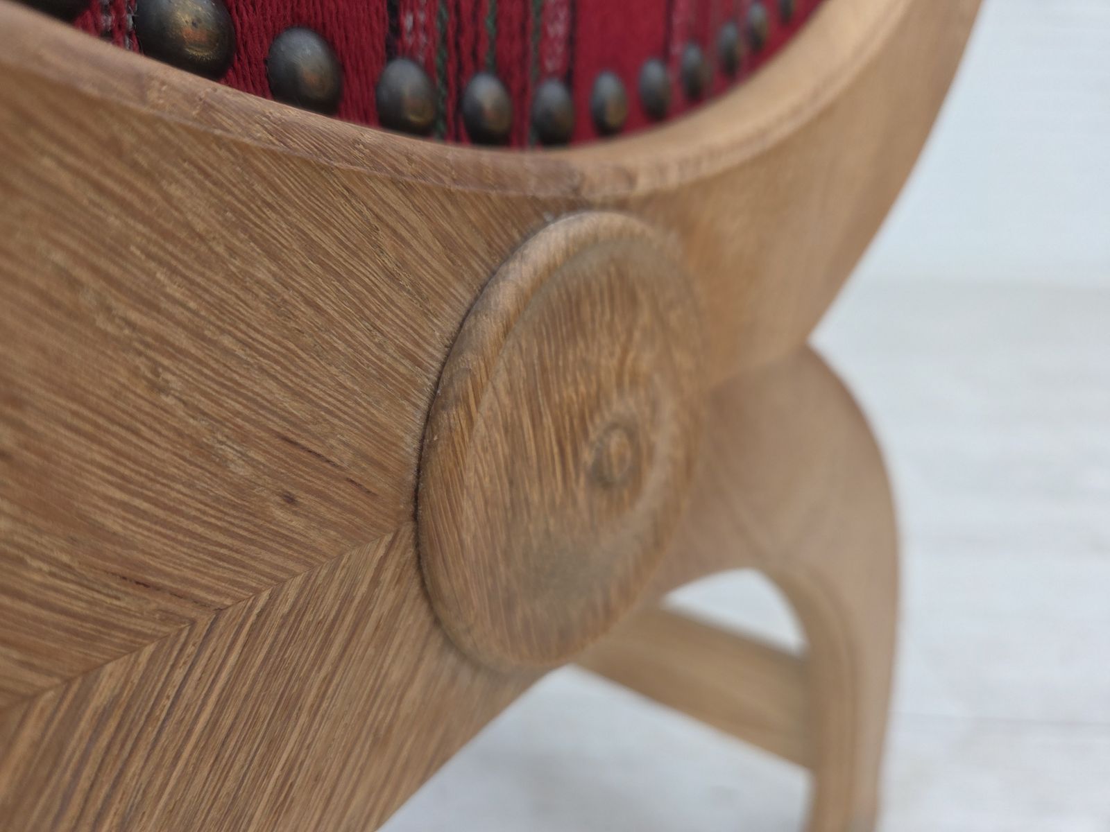 1970s, Danish Armchair, Original Red Furniture Wool, Solid Oak Wood. photo buy