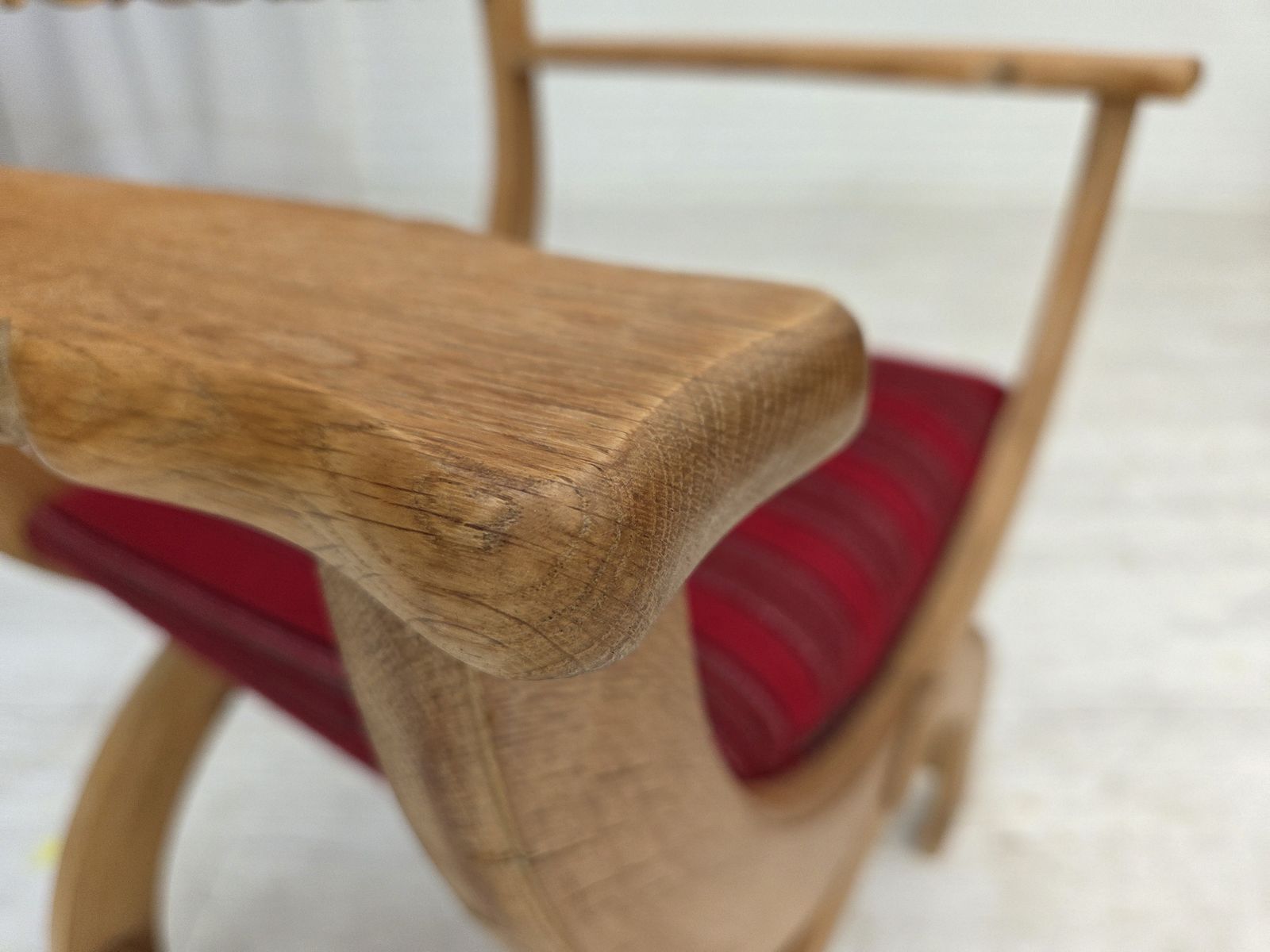 photo furniture 1970s, Danish Armchair, Original Red Furniture Wool, Solid Oak Wood.
