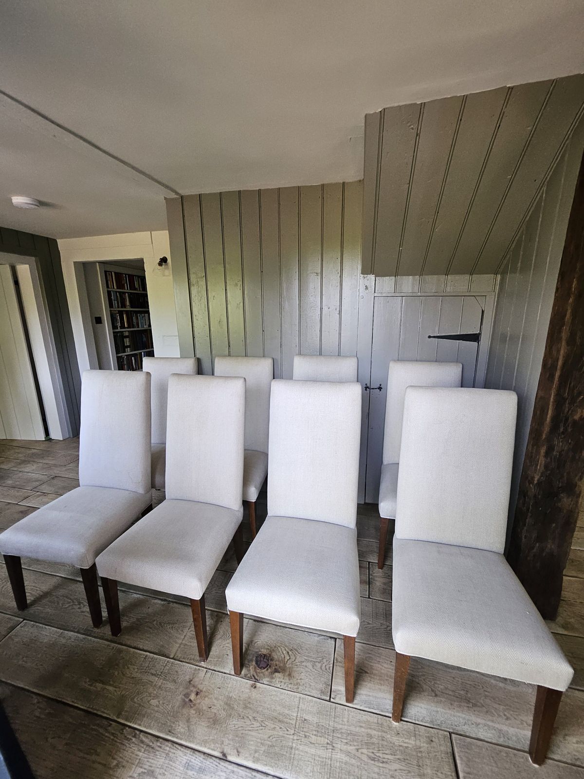 8 Lovely Neutral Bespoke Upholstered Dining Chairs In De Le Cuona Herringbone Woven Linen.