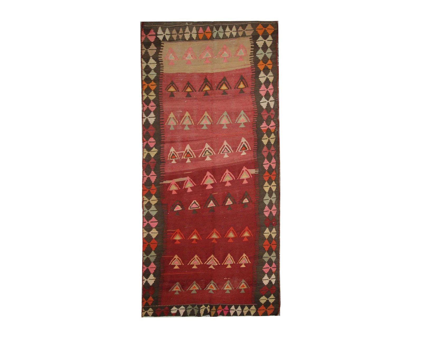 Vintage Kilim Runner: 1960s Burgundy & Pink Wool Rug, Tribal Geometric Carpet (9'8" X 3'11")
