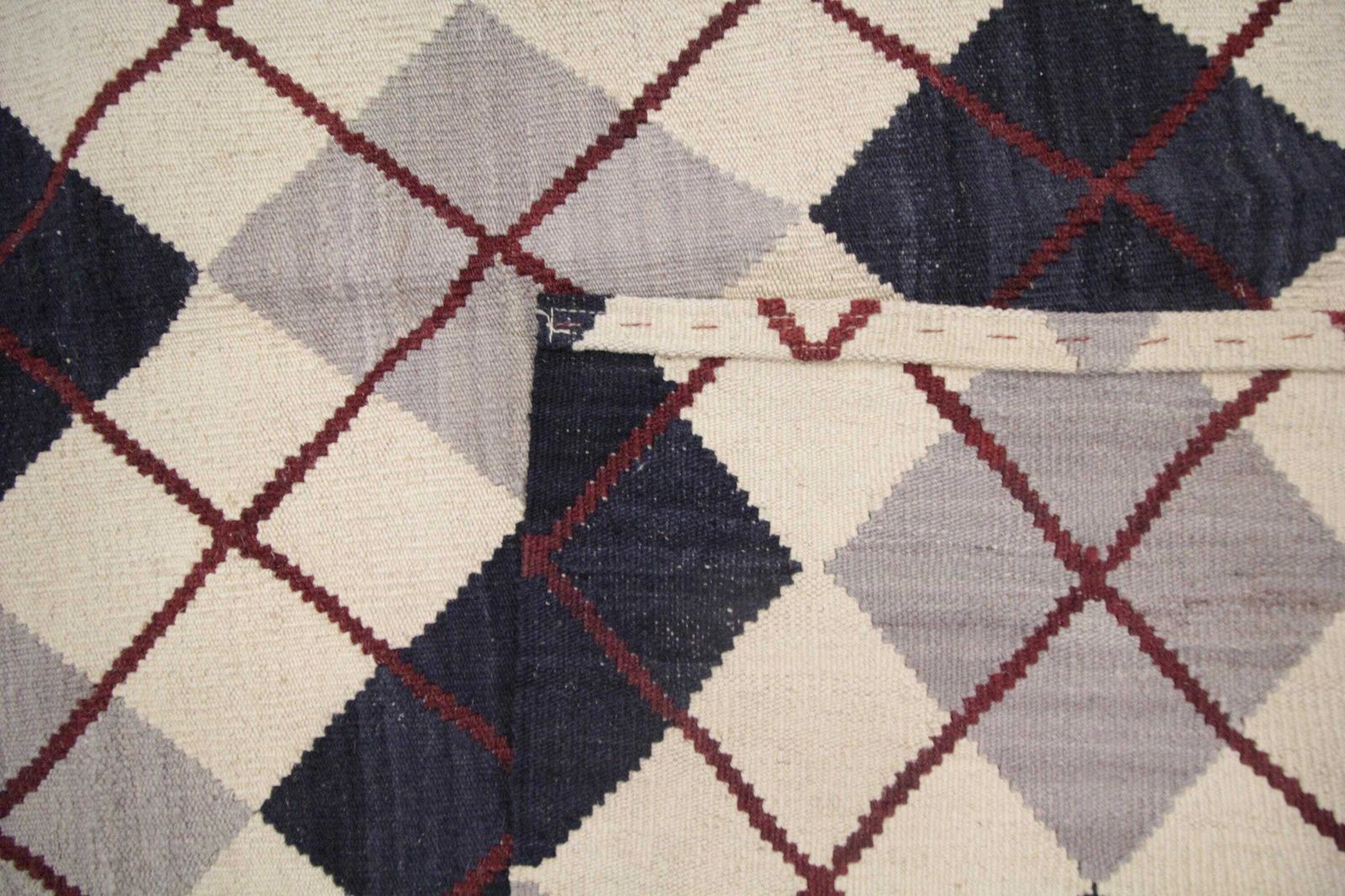 Cream & Navy Wool Kilim Rug: Modern Check Diamond Flatweave Carpet (6.4 X 5.3 Ft photo Textiles