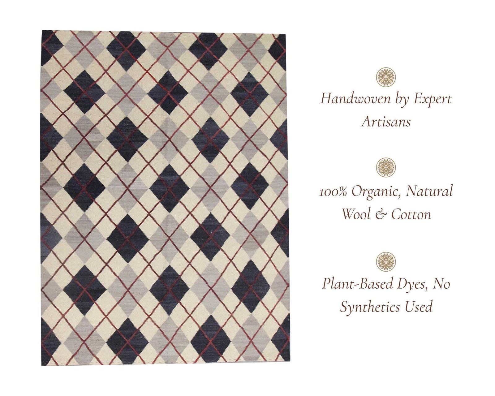 Cream & Navy Wool Kilim Rug: Modern Check Diamond Flatweave Carpet (6.4 X 5.3 Ft photo vintage