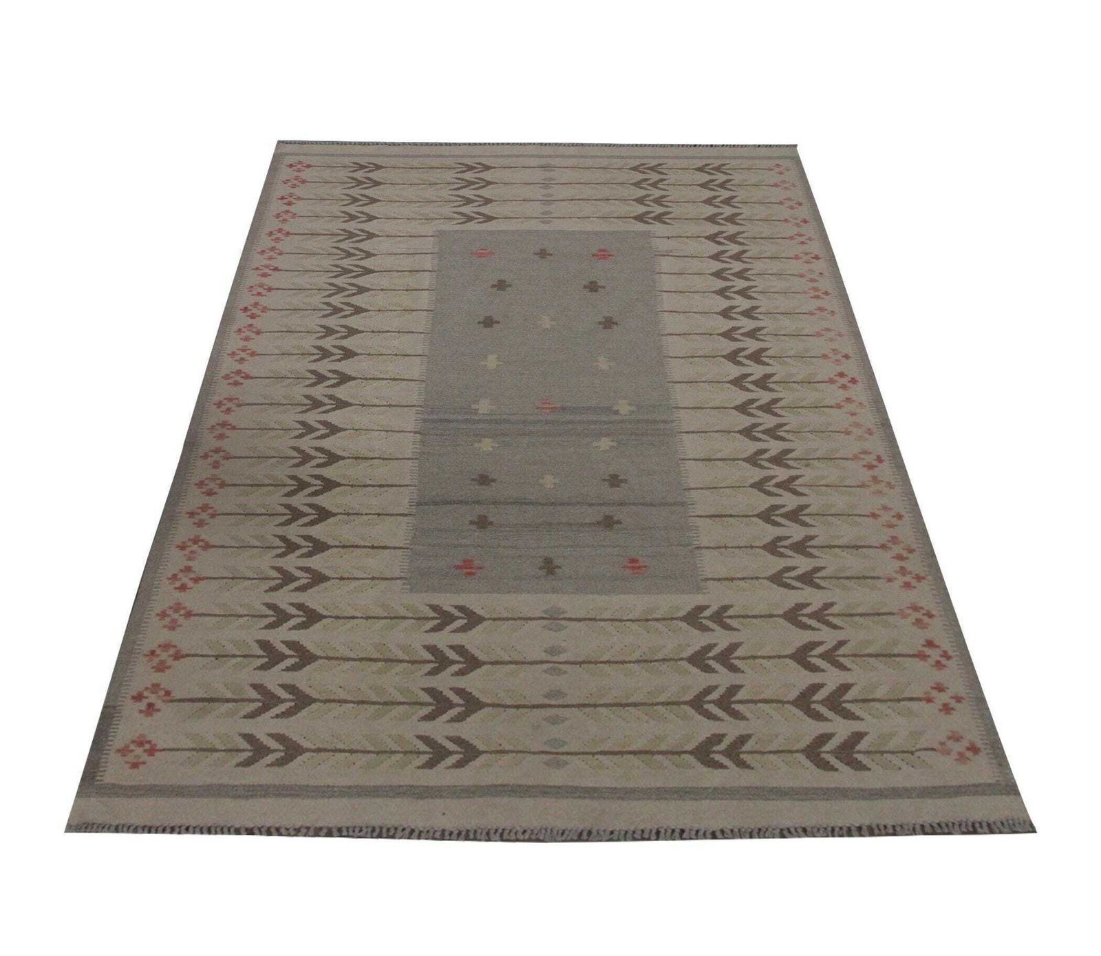 Khaki Brown Kilim Rug: Scandinavian Wool Flatweave Carpet Handmade (7.10 × 5.5 Ft.) photo vintage