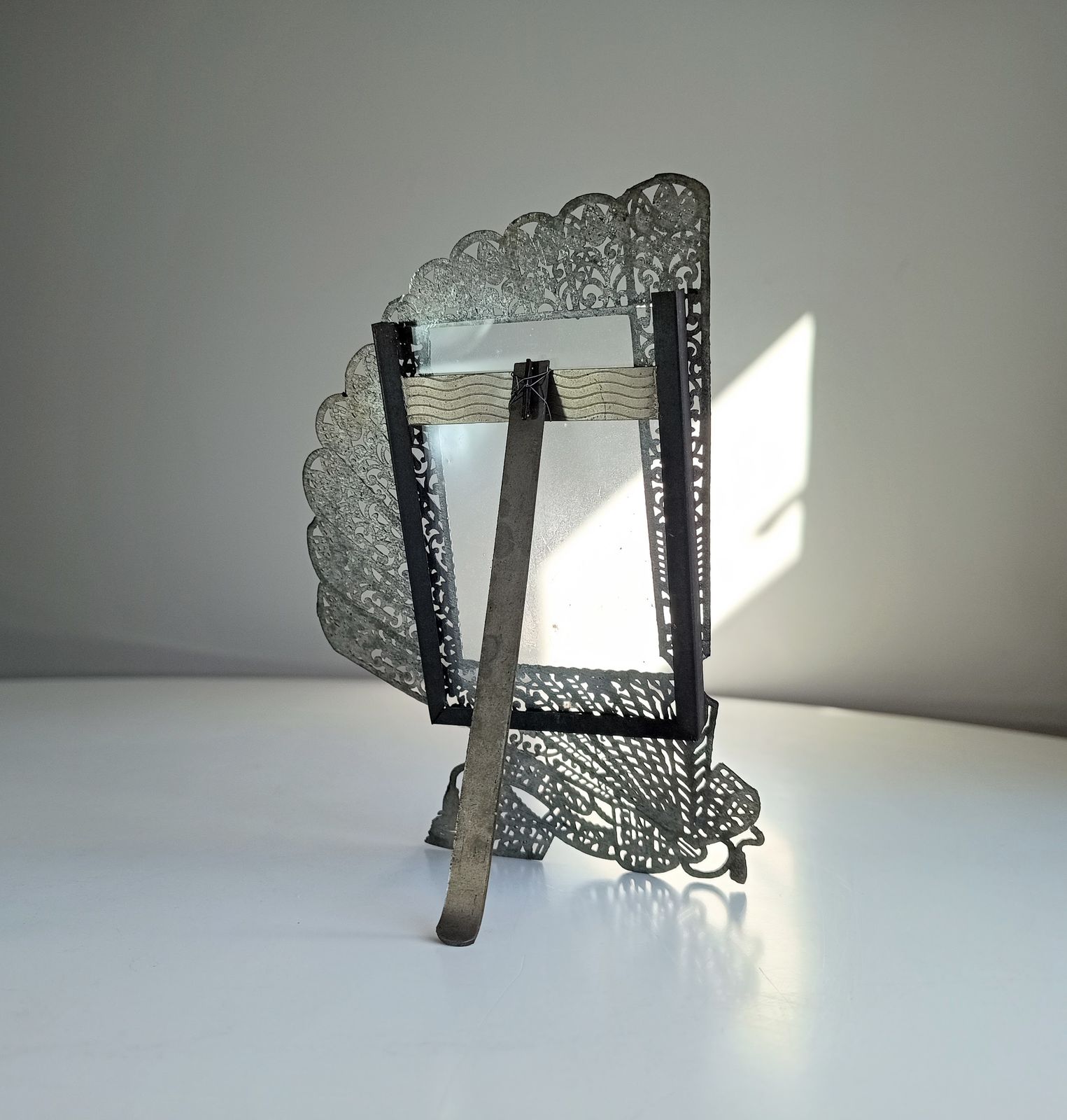 Antique Jugendstil Faux Filigree Curtain Shaped Tabletop Easel Stand Photo Frame Impressed Toleware C 1900 photo furniture