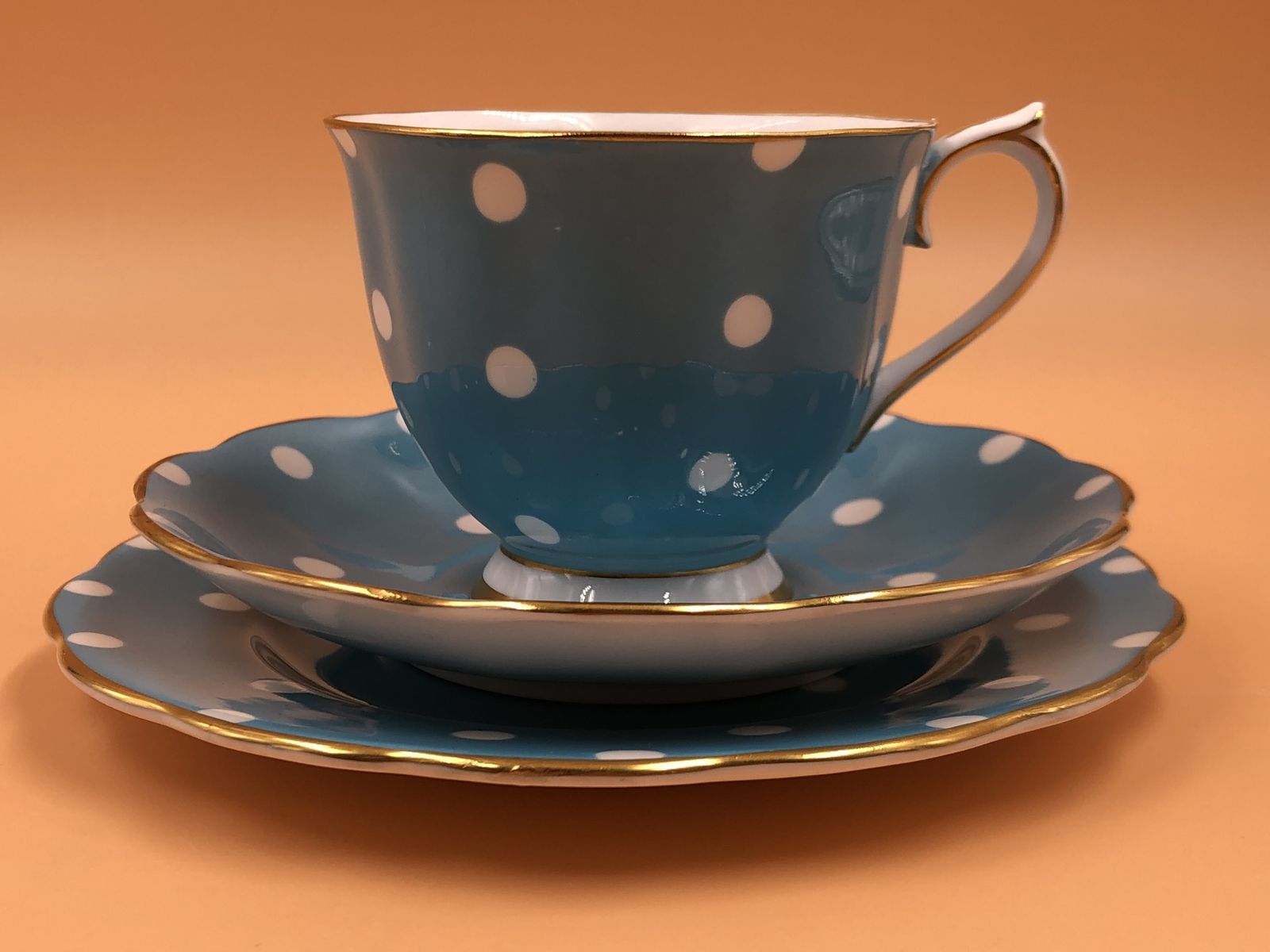 Vintage Royal Albert China Countess Shape Turquoise Polka Dots Tea Cup, Saucer & Side Plate Trio. photo 75.0