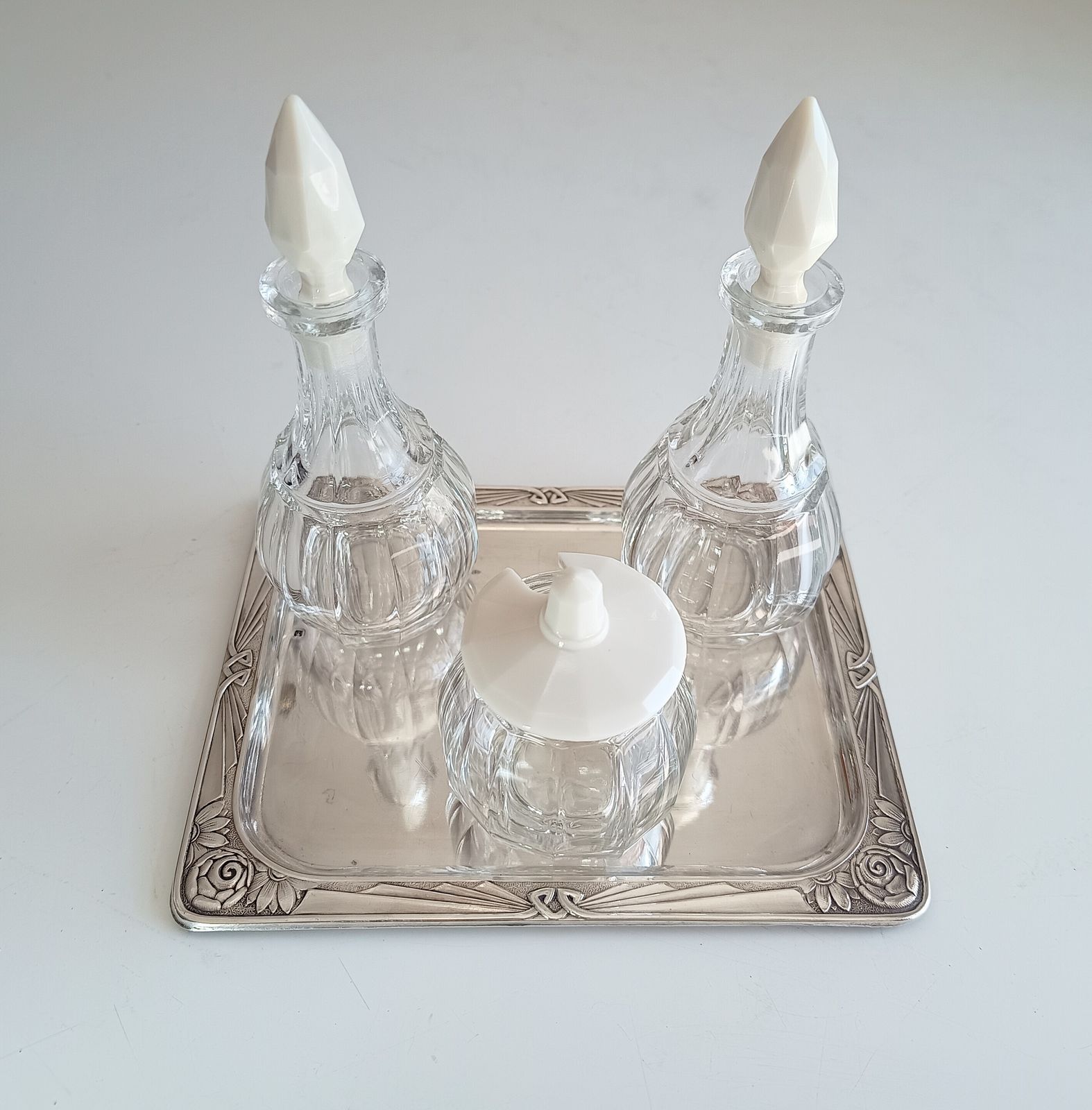 photo for sale Rare Jugendstil Fine Dining Cruet Set Of Glass Bottles, Uranium Opaline Glass Stoppers, Late Art Nouveau Bohemia