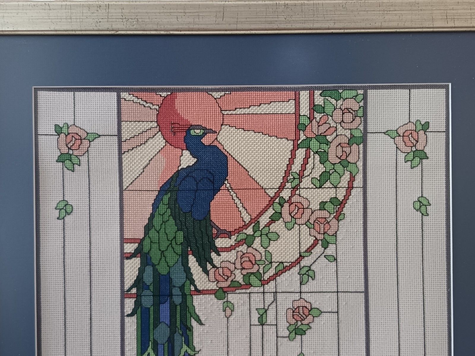 Art Deco Rennie Macintosh Style Peacock Cross Stitch With Beading Detail Framed photo Art
