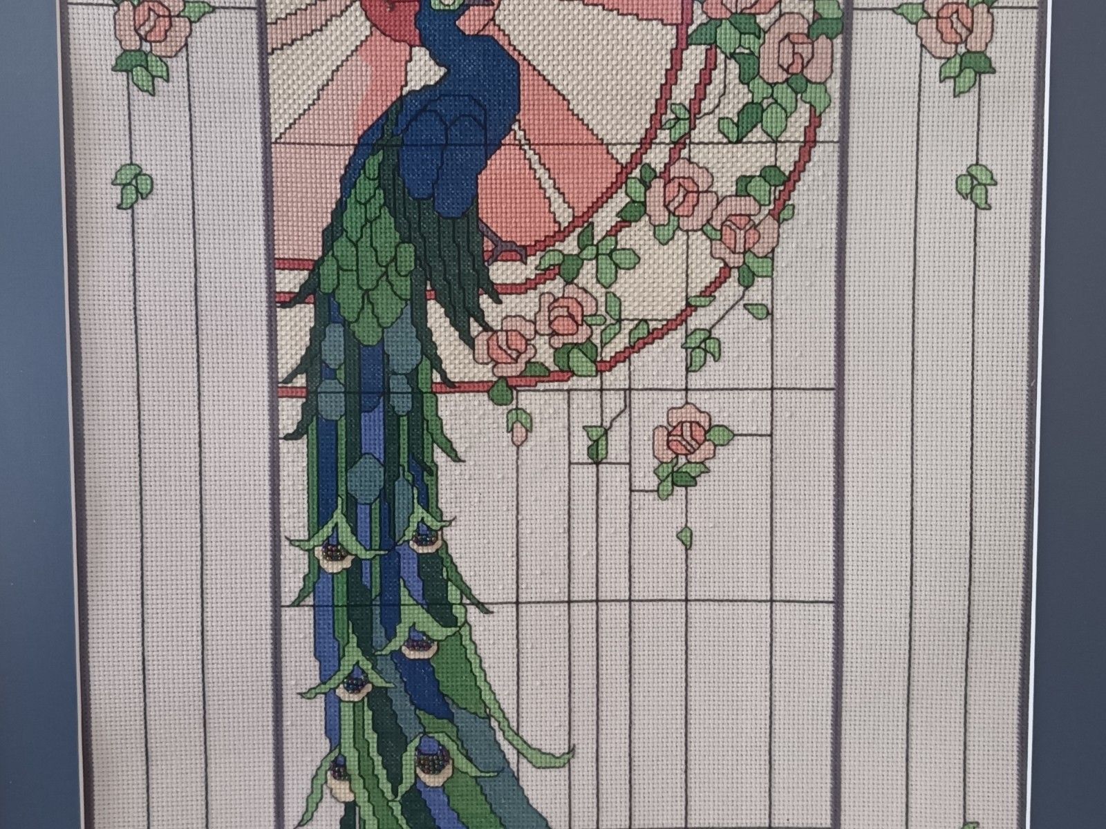 Art Deco Rennie Macintosh Style Peacock Cross Stitch With Beading Detail Framed photo 52.0