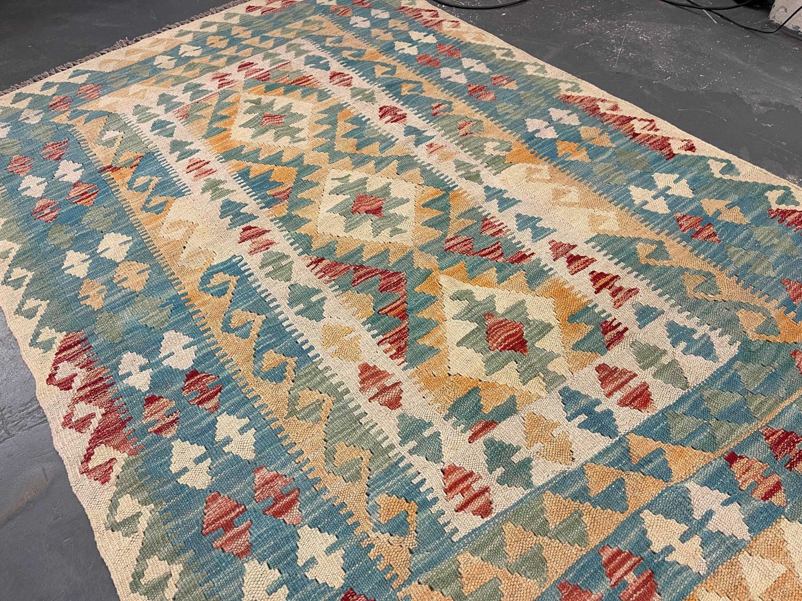 Turquoise Blue Kilim Rug, Handmade Carpet, Wool Geometric Flat Weave Carpet 5'9" × 3'9" (2015–2025) photo 700.0